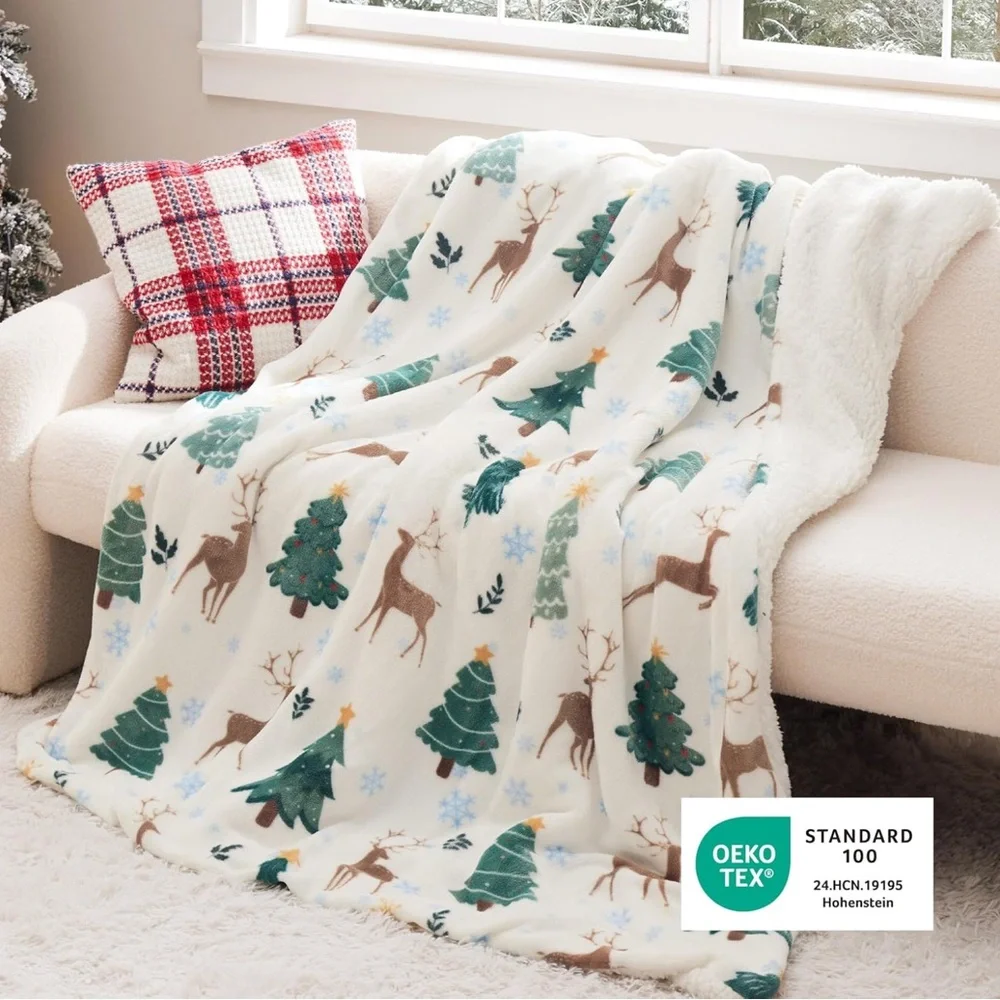 Festive Reindeer and Tree Holiday Throw Blanket